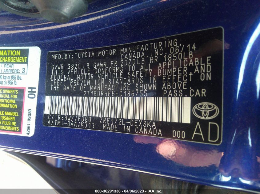 2014 TOYOTA COROLLA L/LE/S/S PLUS/LE PLUS - 2T1BURHE6EC186755