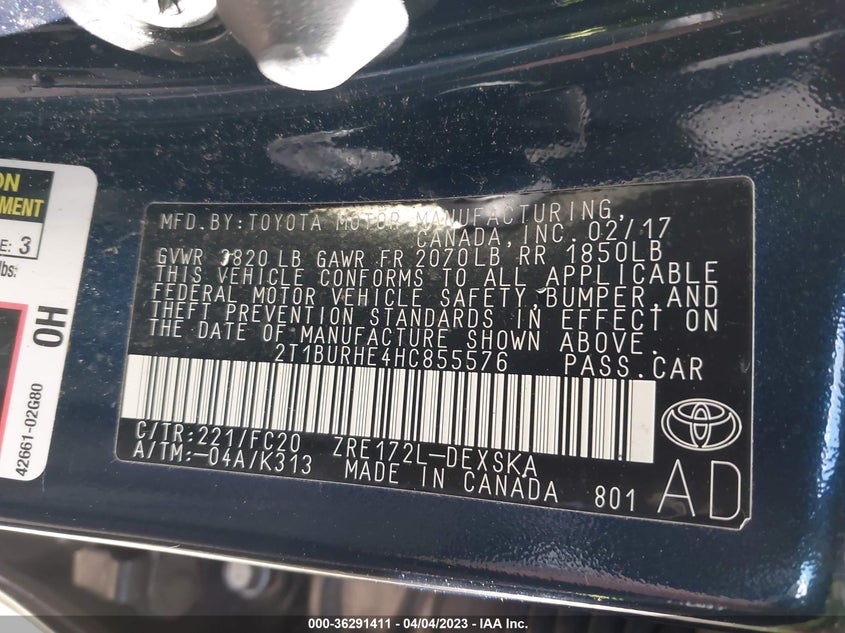 VIN 2T1BURHE4HC855576 2017 TOYOTA COROLLA L/LE/XLE/SE