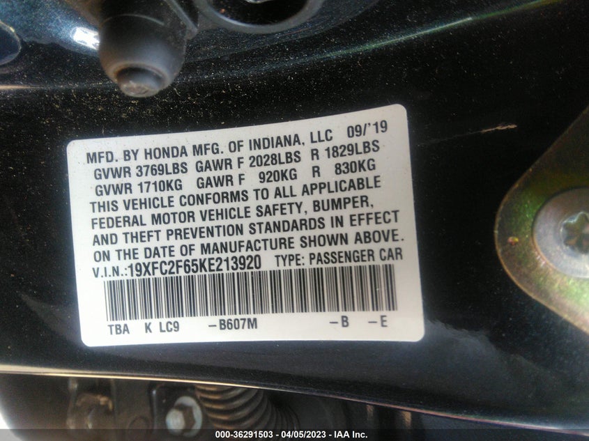 VIN 19XFC2F65KE213920 2019 HONDA CIVIC SEDAN LX