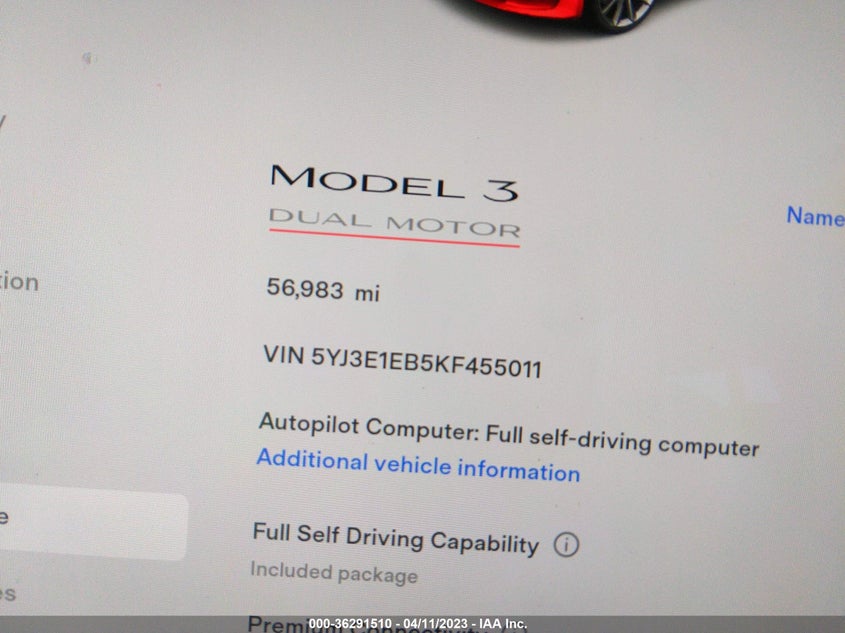 VIN 5YJ3E1EB5KF455011 2019 TESLA MODEL 3 LONG RANGE/PERFORMANCE