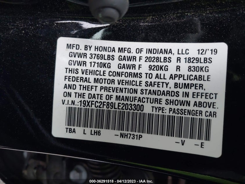 VIN 19XFC2F89LE203300 2020 HONDA CIVIC SEDAN SPORT