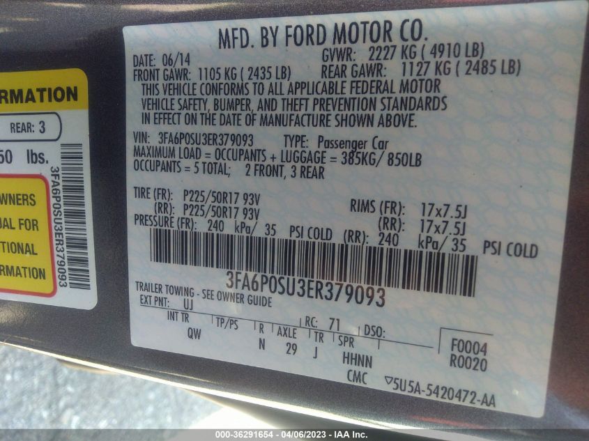 2014 FORD FUSION ENERGI TITANIUM 3FA6P0SU3ER379093