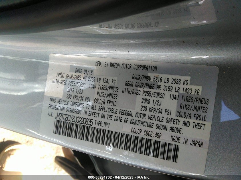 VIN JM3TCBDY8J0220835 2018 MAZDA CX-9 GRAND TOURING