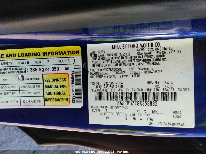 2016 FORD FUSION SE - 3FA6P0H77GR358882