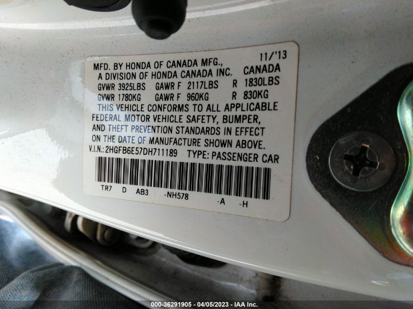 2013 HONDA CIVIC SDN SI - 2HGFB6E57DH711189