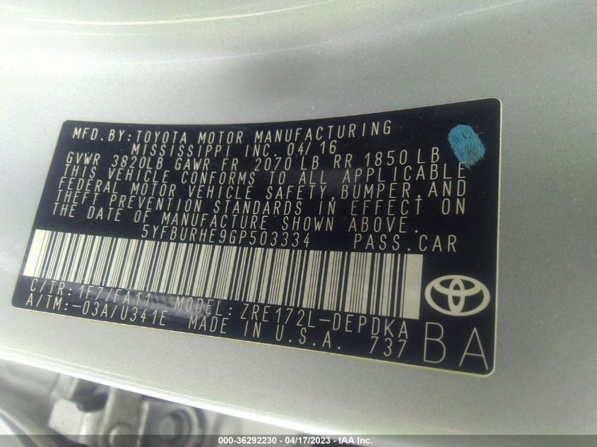 2016 TOYOTA COROLLA LE - 5YFBURHE9GP503334
