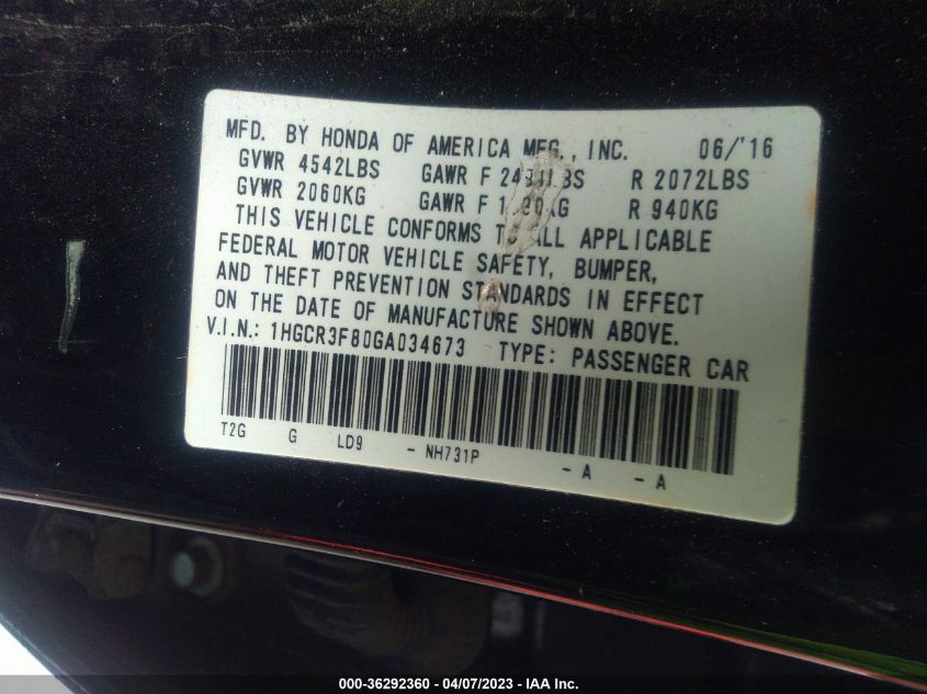 2016 HONDA ACCORD SEDAN EX-L - 1HGCR3F80GA034673