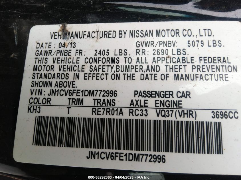 2013 INFINITI G37 CONVERTIBLE BASE - JN1CV6FE1DM772996