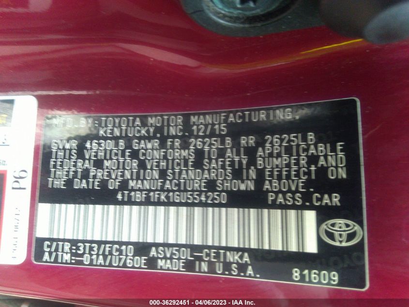 2016 TOYOTA CAMRY XLE/SE/LE/XSE - 4T1BF1FK1GU554250