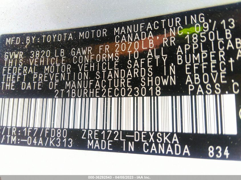 2014 TOYOTA COROLLA L/LE/S/S PLUS/LE PLUS - 2T1BURHE2EC023018