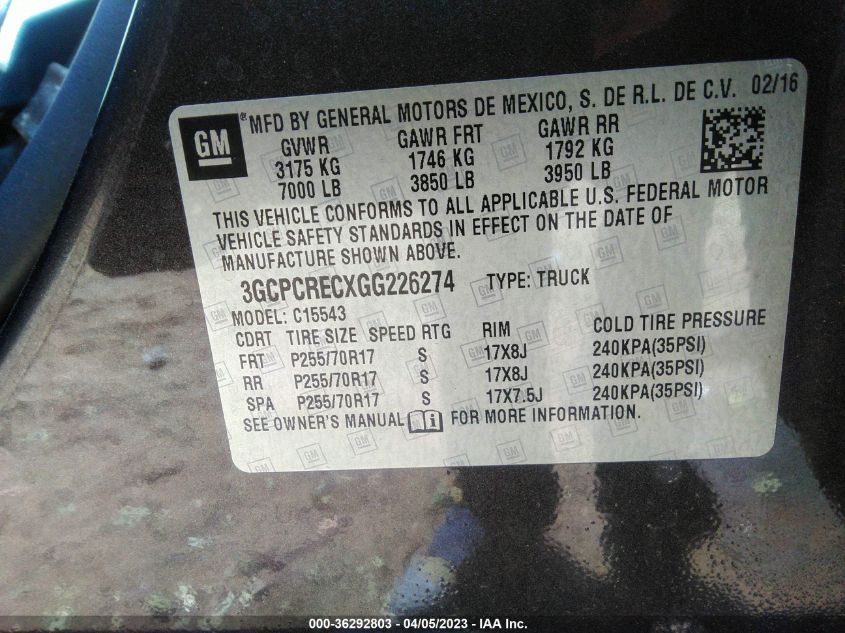 2016 CHEVROLET SILVERADO 1500 LT - 3GCPCRECXGG226274