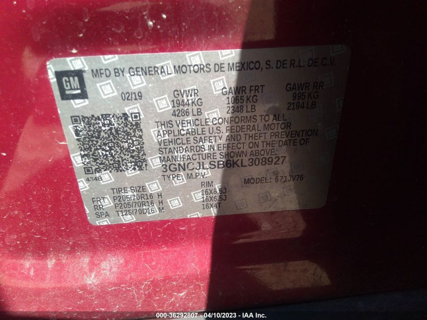 2019 CHEVROLET TRAX LT - 3GNCJLSB6KL308927