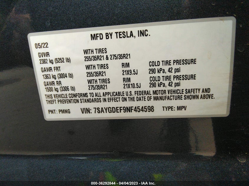 VIN 7SAYGDEF9NF454598 2022 TESLA MODEL Y PERFORMANCE