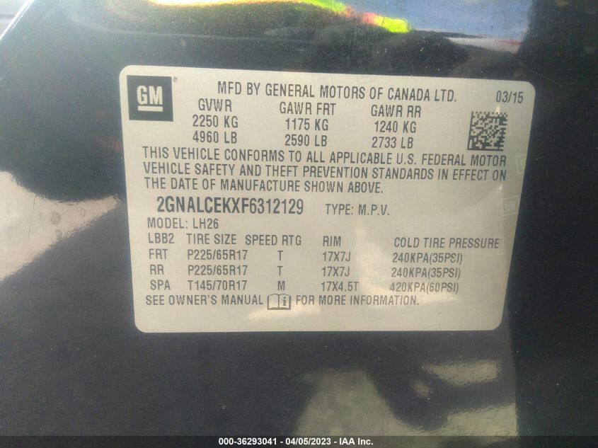 2015 CHEVROLET EQUINOX LT - 2GNALCEKXF6312129