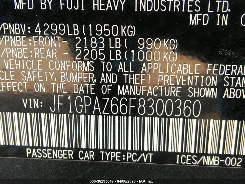 2015 SUBARU IMPREZA WAGON 2.0I SPORT LIMITED - JF1GPAZ66F8300360