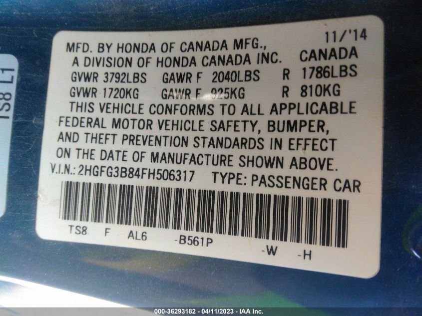 2015 HONDA CIVIC COUPE EX - 2HGFG3B84FH506317