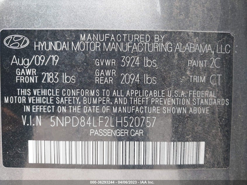 VIN 5NPD84LF2LH520757 2020 HYUNDAI ELANTRA SEL