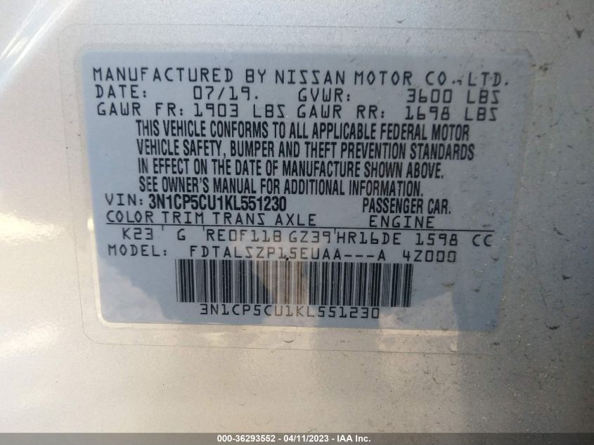 2019 NISSAN KICKS SV - 3N1CP5CU1KL551230