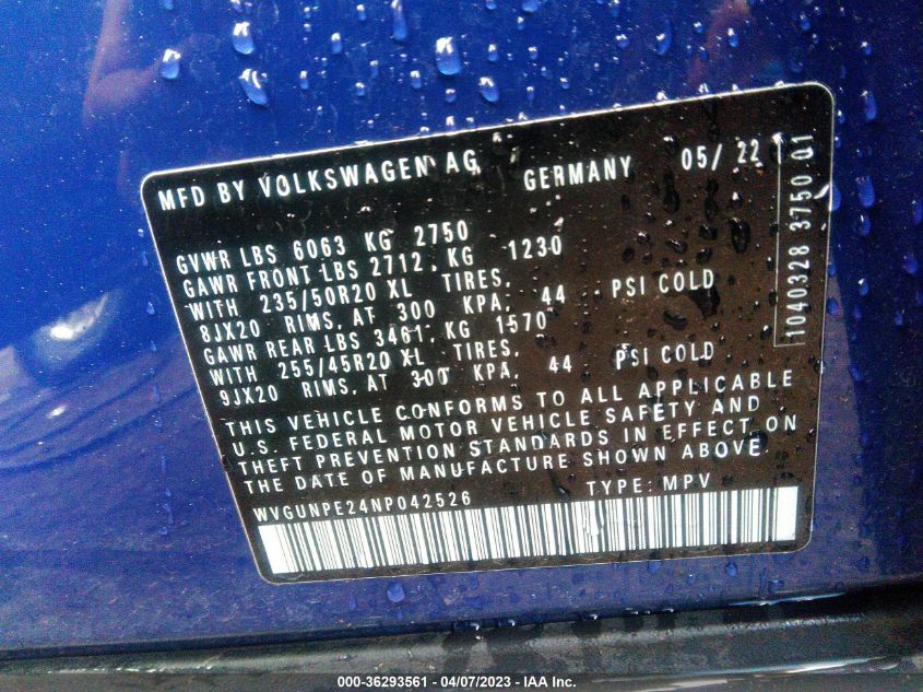 2022 VOLKSWAGEN ID.4 PRO S WVGUNPE24NP042526