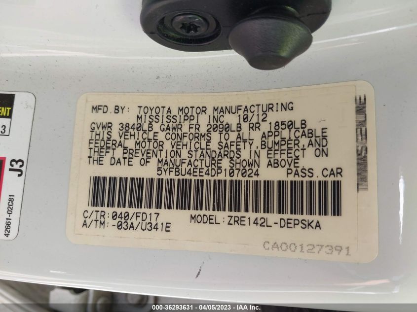 2013 TOYOTA COROLLA L/LE/S - 5YFBU4EE4DP107024