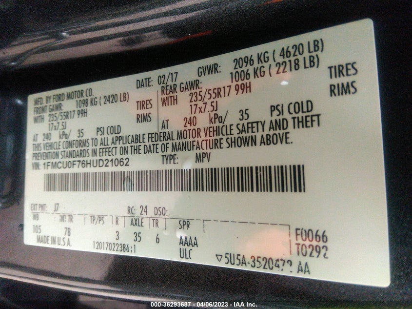 VIN 1FMCU0F76HUD21062 2017 FORD ESCAPE S