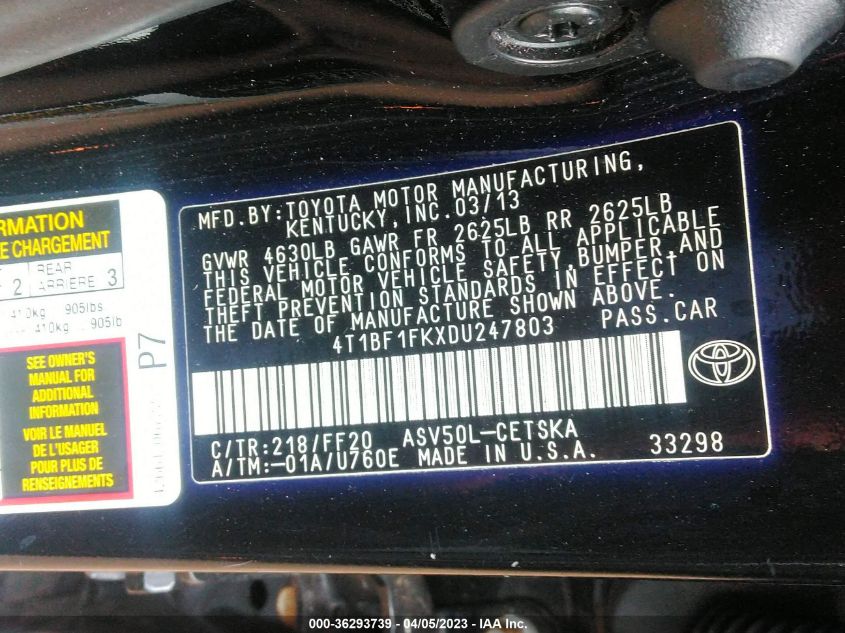 2013 TOYOTA CAMRY L/LE/SE/XLE - 4T1BF1FKXDU247803