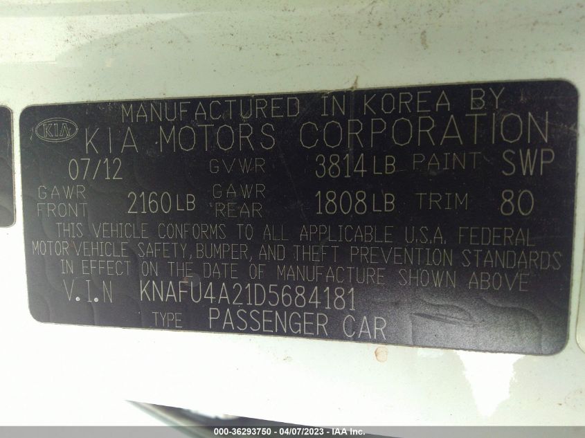 VIN KNAFU4A21D5684181 2013 KIA FORTE no.9