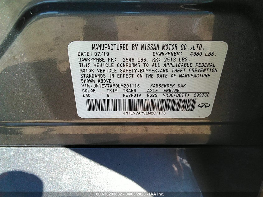 VIN JN1EV7AP9LM201116 2020 INFINITI Q50 3.0T PURE