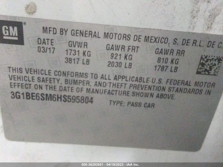 2017 CHEVROLET CRUZE LT - 3G1BE6SM6HS595804