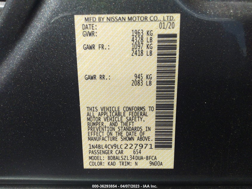 VIN 1N4BL4CV9LC227971 2020 NISSAN ALTIMA 2.5 SR