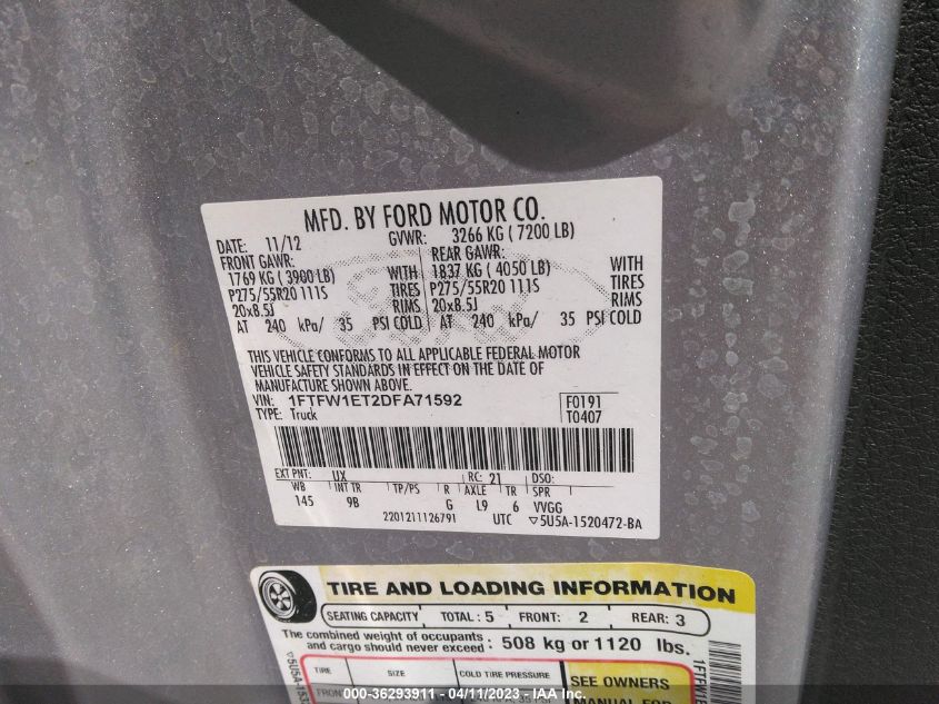 2013 FORD F-150 XL/XLT/FX4/LARIAT - 1FTFW1ET2DFA71592