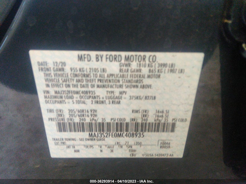 VIN MAJ3S2FE0MC408935 2021 FORD ECOSPORT S