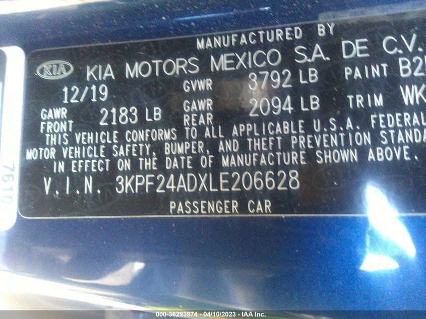 VIN 3KPF24ADXLE206628 2020 KIA FORTE LXS