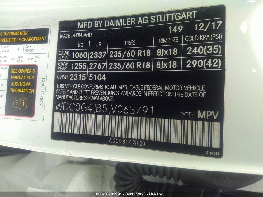 VIN WDC0G4JB5JV063791 2018 MERCEDES-BENZ GLC GLC 300