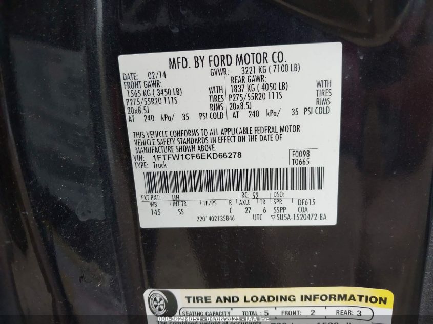 2014 FORD F-150 XL/STX/XLT/FX2/LARIAT - 1FTFW1CF6EKD66278