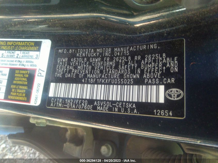 2015 TOYOTA CAMRY XLE/SE/LE/XSE - 4T1BF1FKXFU055025