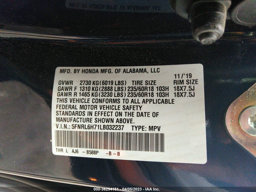 VIN 5FNRL6H71LB032237 2020 HONDA ODYSSEY EX-L