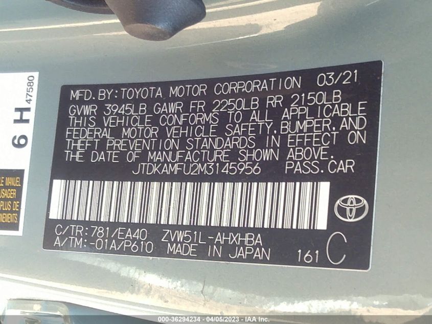 2021 TOYOTA PRIUS L - JTDKAMFU2M3145956