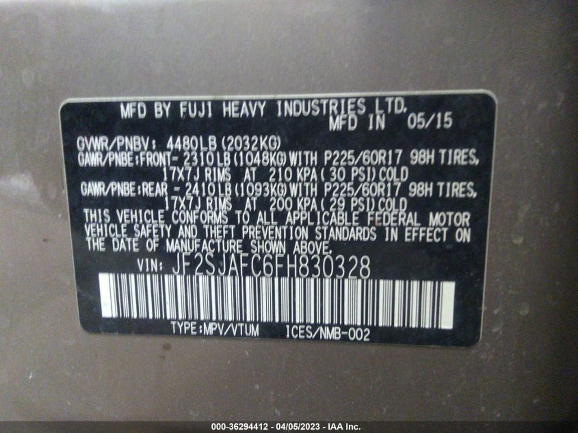 2015 SUBARU FORESTER 2.5I PREMIUM - JF2SJAFC6FH830328