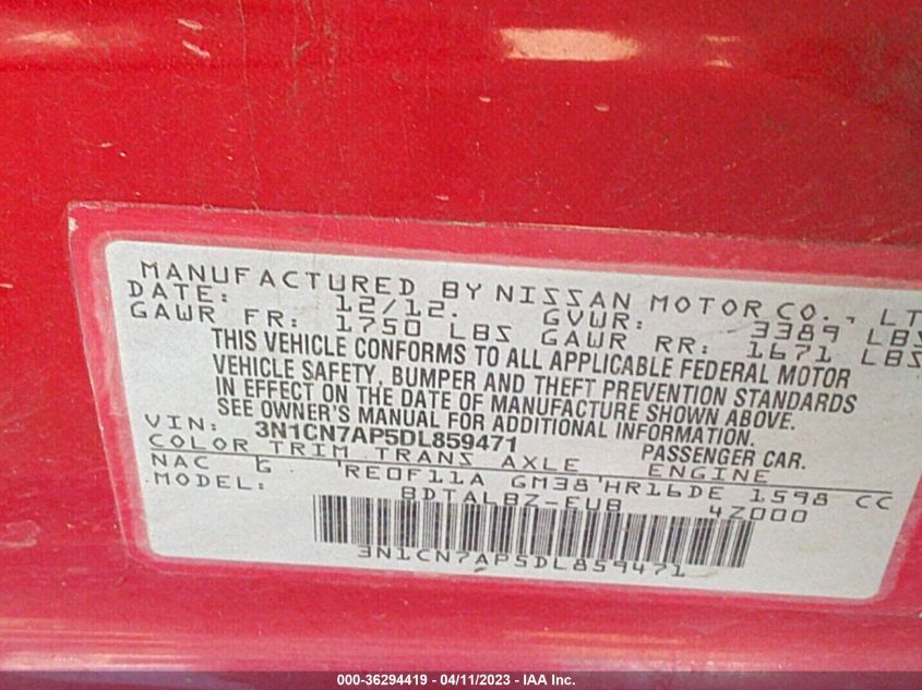 2013 NISSAN VERSA SV - 3N1CN7AP5DL859471