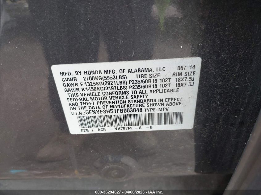 2015 HONDA PILOT EX-L - 5FNYF3H51FB003048