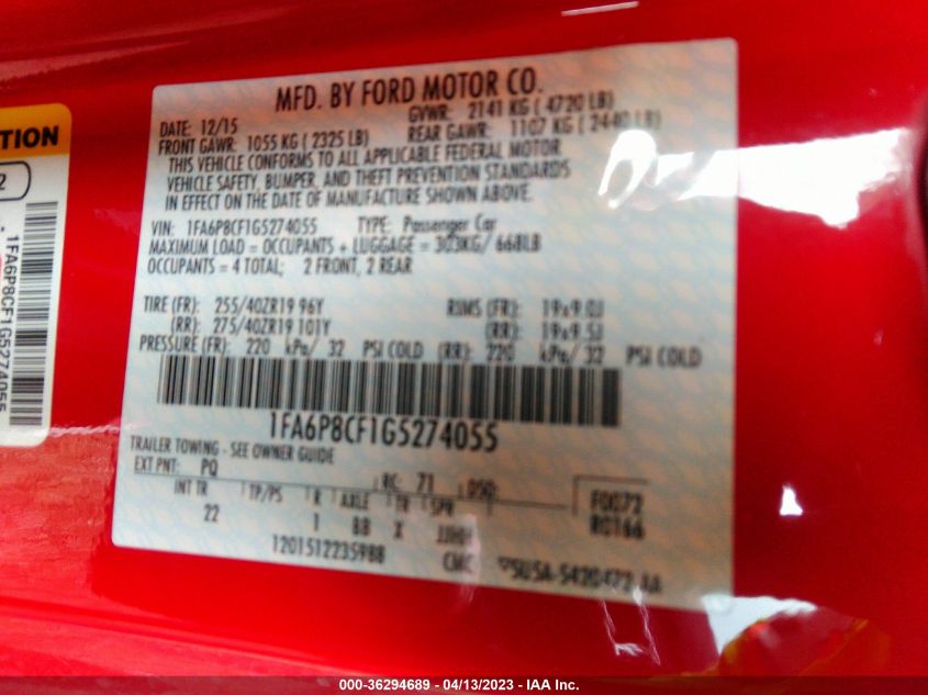 2016 FORD MUSTANG GT - 1FA6P8CF1G5274055