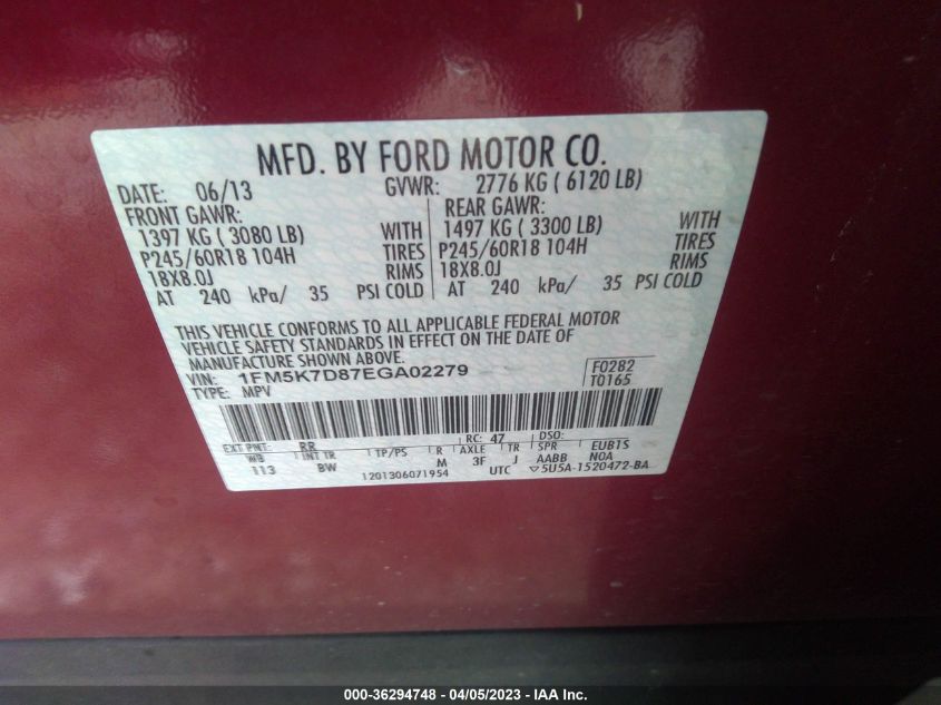 2014 FORD EXPLORER XLT - 1FM5K7D87EGA02279