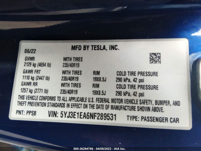 2022 TESLA MODEL 3 - 5YJ3E1EA6NF289531
