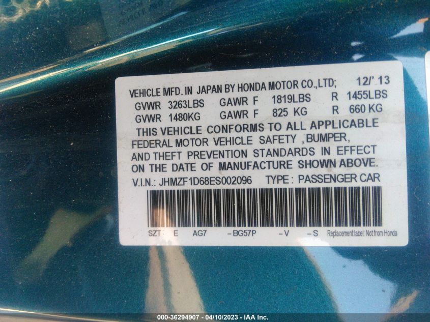 2014 HONDA CR-Z EX JHMZF1D68ES002096