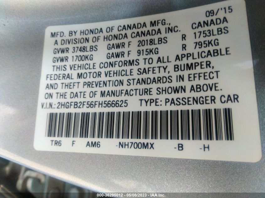 2015 HONDA CIVIC SEDAN LX - 2HGFB2F56FH566625