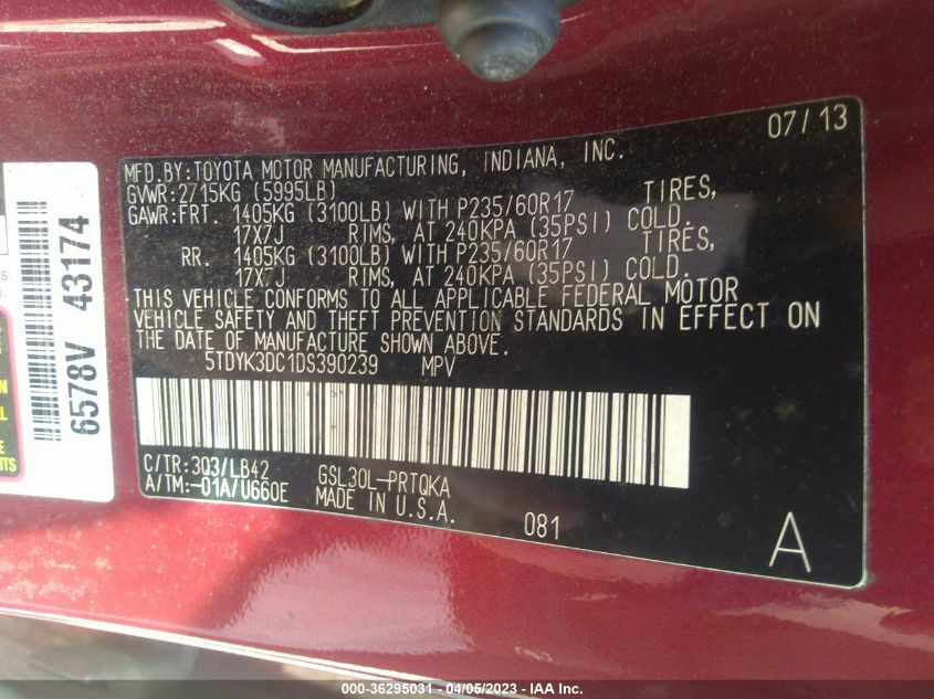 2013 TOYOTA SIENNA XLE AAS/XLE/LTD - 5TDYK3DC1DS390239