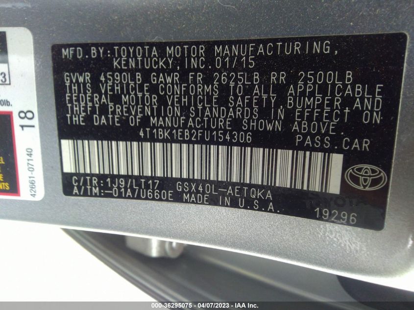 2015 TOYOTA AVALON XLE - 4T1BK1EB2FU154306