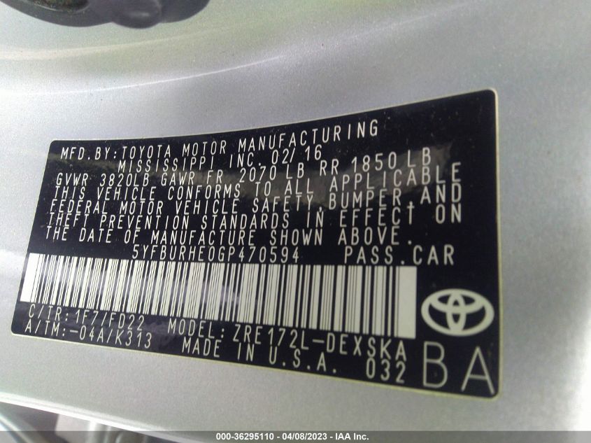 2016 TOYOTA COROLLA L/LE/S/S PLUS/LE PLUS - 5YFBURHE0GP470594