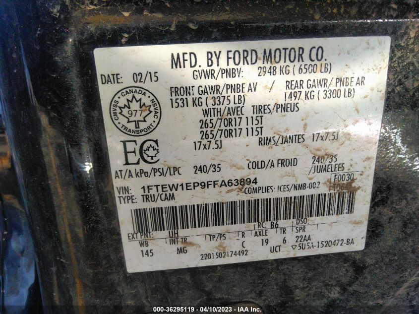 2015 FORD F-150 XLT/XL/LARIAT - 1FTEW1EP9FFA63894